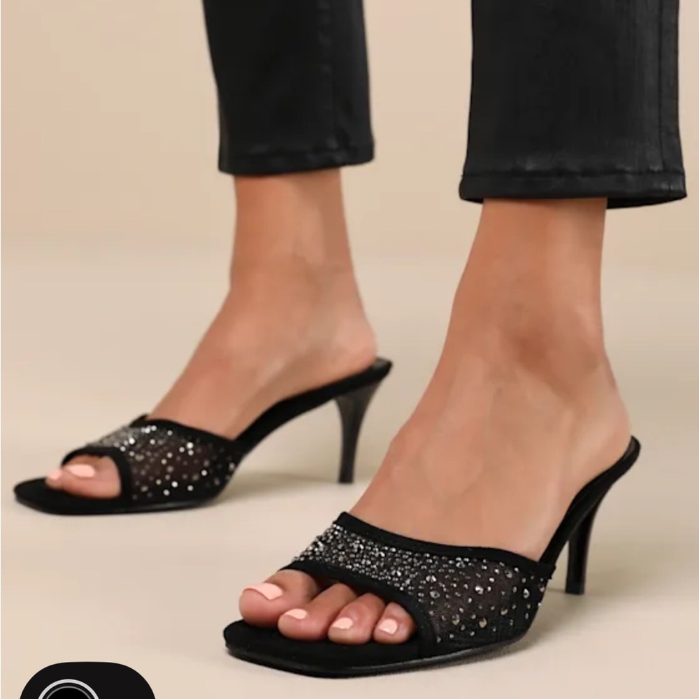 Delannie Black Suede Mesh Rhinestone Heel Slide Sandals